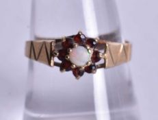 9ct gold opal garnet cluster ring (1.6g). P.