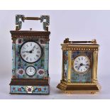TWO CLOISONNE ENAMEL CARRIAGE CLOCKS. Largest 22 cm high. (2)