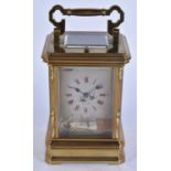 AN UNUSUAL LATE 19TH CENTURY REPEATING BRASS CARRIAGE CLOCK inset with cold painted metal panels