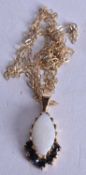 9ct gold opal sapphire pendant necklace (1.4g). Chain 45 cm long, pendant 2 cm x 1 cm.