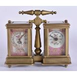 A DOUBLE PORCELAIN CARRIAGE CLOCK. 12 cm x 10 cm.