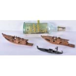 A Pair of Chinese Carved Bamboo Fishing Boats together with a small bronze Venetian Gondola and a