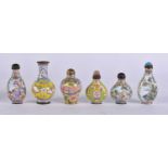 FIVE CHINESE CANTON ENAMEL SNUFF BOTTLES AND STOPPERS together with a similar vase. Largest 8.5 cm