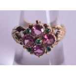 9ct gold vintage garnet & emerald cluster ring (4.4g). M.