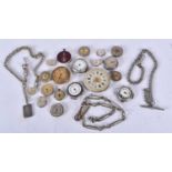 A collection of pocket and wrist watch workings and pocket watch chains (Qty)