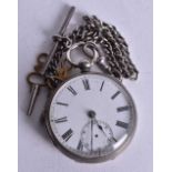 A 19TH CENTURY SILVER CASED OPEN FACE POCKET WATCH WITH WATCH CHAIN AND 2 KEYS. Hallmarked London