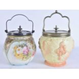 TWO ANTIQUE PORCELAIN BISCUIT BARRELS Doulton & Worcester. 23 cm high inc handle. (2)