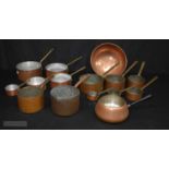 A collection of vintage copper cooking pans and bowls 13 x 27cm (15)