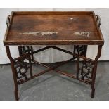 A FINE 19TH CENTURY CHINESE SILVER INLAID HUANGHUALI WOOD TRAY ON STAND Qing, with silver inlaid