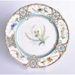 Mid 19th century Minton plate painted with flowers and insects with four pierced panels pattern