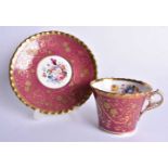 Early 19th Chamberlain Worcester gadroon border cup and saucer with elaborate handle painted with