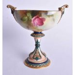 Royal Worcester fine Hadleyware two handled boat shaped vase on a pedestal with coloured clays,