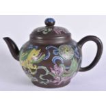 AN UNUSUAL 19TH CENTURY CHINESE YIXING POTTERY ENAMELLED TEAPOT AND COVER Qing. 18 cm wide.