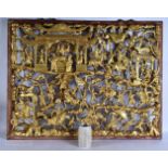 A RARE LARGE 19TH CENTURY CHINESE GILT WOOD LACQUERED PANELS Qing. 82 cm x 68 cm.