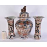 A 17TH/18TH CENTURY JAPANESE EDO PERIOD IMARI PORCELAIN GARNITURE painted with birds and foliage.