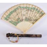 AN EARLY 20TH CENTURY CHINESE PAINTED FAN Late Qing, contained within a silk embroidered case
