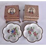 A PAIR OF ANTIQUE INDIAN PAINTED WOOD BOXES together with a pair of dishes. Largest 7.5 cm wide. (
