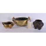A 19TH CENTURY CHINESE TWIN HANDLED BRONZE CENSER Late Qing, together with two others. Largest