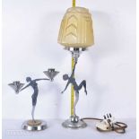 An Art Deco style table light together with a Chrome candleholder 46cm (2)