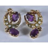 A Pair of 9ct gold amethyst & seed pearl drop earrings (2.6g)