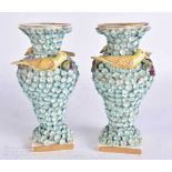 A PAIR OF ANTIQUE MEISSEN SCHNEBALLEN ENCRUSTED PORCELAIN VASES. 13.5 cm high.