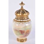 A ROYAL WORCESTER POT POURRI AND COVER by Harry Stinton. 24 cm high.