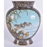 A 19TH CENTURY JAPANESE MEIJI PERIOD CLOISONNE ENAMEL FLASK depicting ducks swimming upon a lake. 18