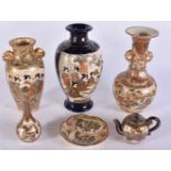A COLLECTION OF JAPANESE PORCELAIN SATSUMA WARES including vases, a teapot and a miniature saucer.
