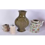 A CHINESE CELADON CRACKLE GLAZED LOBBED VASE TOGETHER WITH TWO FAMILLE ROSE TEAPOTS. 17.5 x 19