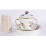 A LARGE 19TH CENTURY FRENCH SEVRES TWIN HANDLED PORCELAIN CUP COVER & STAND painted with flowers.