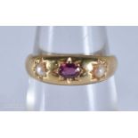 18ct gold antique garnet & seed pearl trilogy ring. Size K, (2.1g)