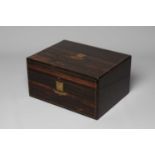 A 19TH CENTURY COROMANDEL AND BRASS INLAID OBLONG WRITING SLOPE, the top opening to reveal a nib and