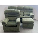 A G PLAN GREEN UPHOLSTERED TWO PIECE LOUNGE SUITE (3 SEATER PLUS EASY CHAIR AND MATCHING STOOL).