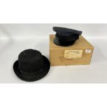 A AU WAILAM TAILOR Co DRESS / AIMAN CAP IN BOX AND A BOWLER HAT.