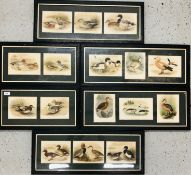 SIX OAK FRAMED PRINTS DEPICTING COLOURED ENGRAVINGS OF WILD FOWL (4 X TRIPTIC FRAMES, 2 X DOUBLE).