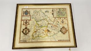 A FRAMED MAP "BREKNOKE" BY JOHN SPEEDE C17TH (GLASS A/F).