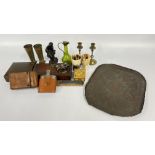 A GROUP OF COLLECTIBLES TO INCLUDE CASED SCALES, HIP FLASK, ARTS AND CRAFTS COPPER TRAY, CAMERA,