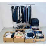 9 X BOXES OF ASSORTED GENTS CLOTHING TO INCLUDE MARKS & SPENCER SUITS, JUMPERS, COATS, SHIRTS,