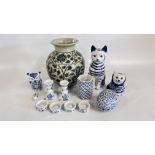 A GROUP OF CERAMICS TO INCLUDE CAT AND OWL ORNAMENTS, PAIR OF CANDLESTICKS,