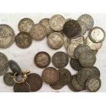 COINS: TUB WITH UK PRE 1920 SILVER INCLUDING SHILLINGS 1816, 1826, THREEPENCES, 1893 MAUNDY 2d,