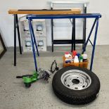 ASSORTED WORKSHOP TOOLS TO INCLUDE FLORABEST TABLE CHAINSAW SHARPENER, 2 X TRESTLES,