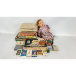 A 1940'S ENGLISH COMPOSITION DOLL + VARIOUS VINTAGE PUZZLES & PLAYING CARDS ETC.