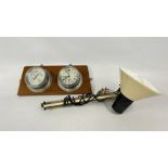 A VINTAGE ANGLE POISE LAMP AND A VINTAGE DUAL ANEROID BAROMETER AND MATCHING CLOCK MOUNTED ON A