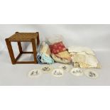 A BOX OF ASSORTED VINTAGE LINEN AND LACE TO INCLUDE 6 VINTAGE CIRCULAR PANELS DEPICTING ALICE IN