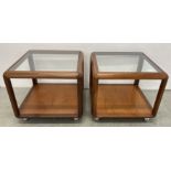 A PAIR OF MID-CENTURY "G-PLAN" TEAK OPEN MODULAR GLASS TOP LAMP TABLES 54 X 54 X H 46CM.