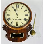 AN ANTIQUE MAHOGANY FUSEE DROP DIAL WALL CLOCK, THE DIAL MARKED "WIGG" GT YARMOUTH.