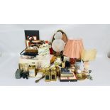 THREE BOXES OF COLLECTABLES TO INCLUDE SHELLS, DRESSING TABLE SET AND GILT DRESSING TABLE MIRROR,