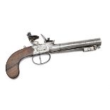 A 36-BORE FLINTLOCK TURN-OFF PISTOL WITH SPRUNG BAYONET, SIGNED SHARPE, no visible serial number,