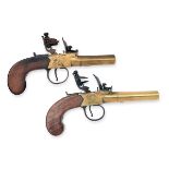 TWO FLINTLOCK BRASS-BARRELLED AND ACTIONED BOXLOCK POCKET PISTOLS, SIGNED ED. PALMER (BRIGHTON)