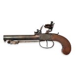 A 56-BORE FLINTLOCK BOXLOCK TRAVELLING PISTOL WITH FOLDING BAYONET, SIGNED LAMBERT, no visible